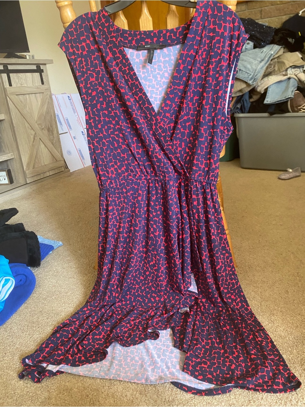 BCBGMaxAzria Navy and Pink Abstract Wrap Midi Dress
